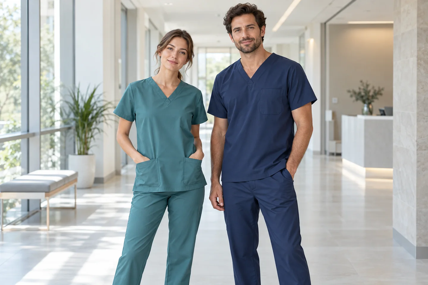 AI-generated apparel concept: teal and navy medical scrub sets with practical pockets