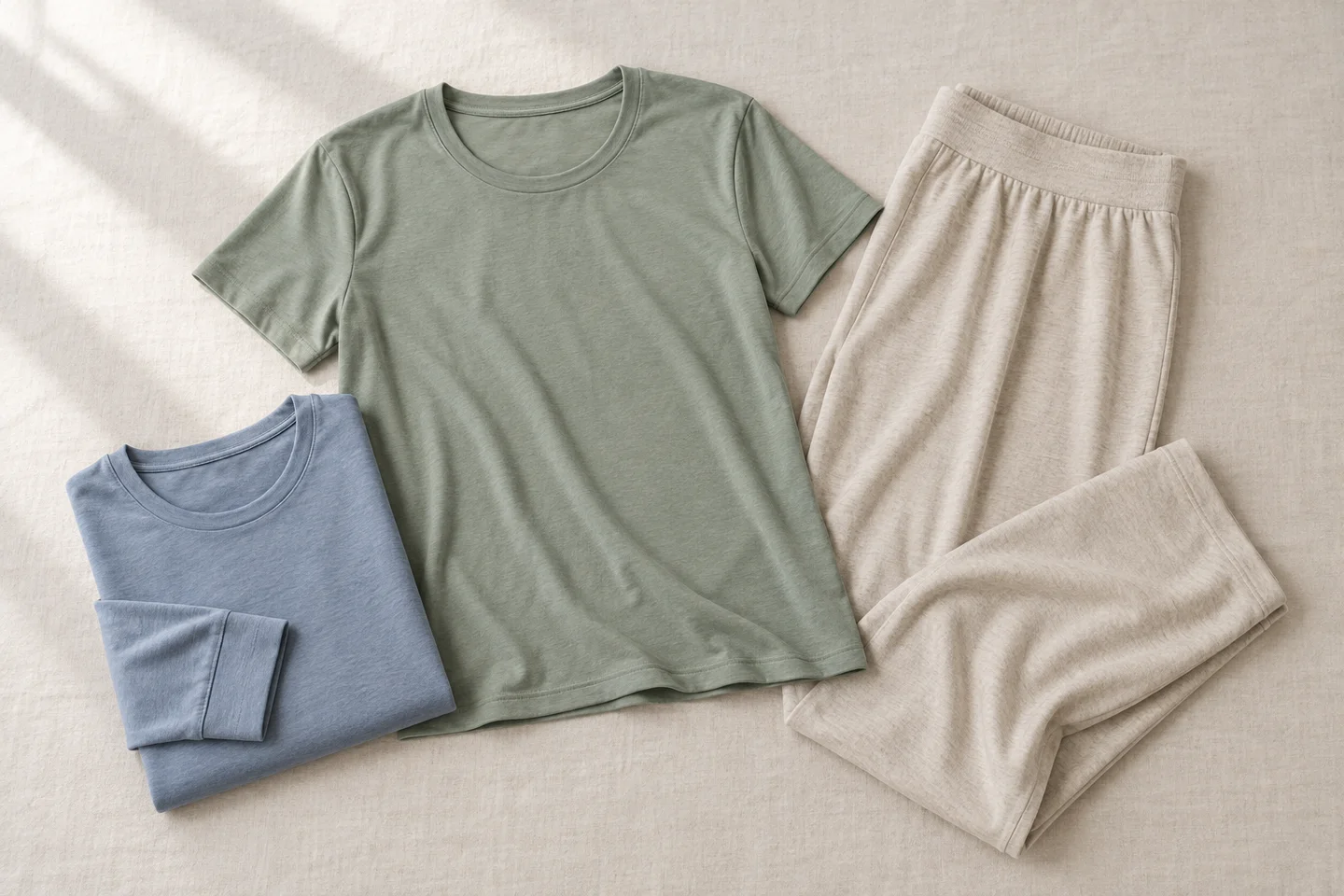 AI-generated apparel concept: soft tagless T-shirts and elastic-waist lounge trousers